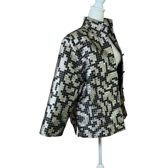 CONNIE ROBERSON Silk Silver Metallic Topper Jacket Blazer Open Jacquard Sz Large - Picture 7 of 9
